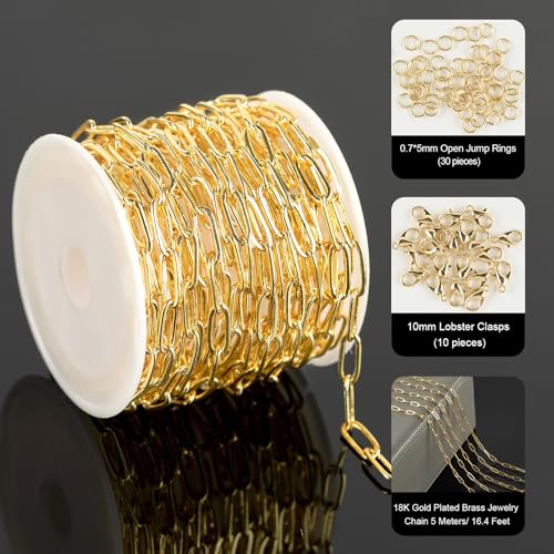 YOUBEIYEE 5 Meters Light Gold Paperclip Jewelry Chain for Jewelry Making 18K Gold Plated Brass Link Chain Necklace DIY with Jump Rings and Lobster Clasps - color: Paperclip