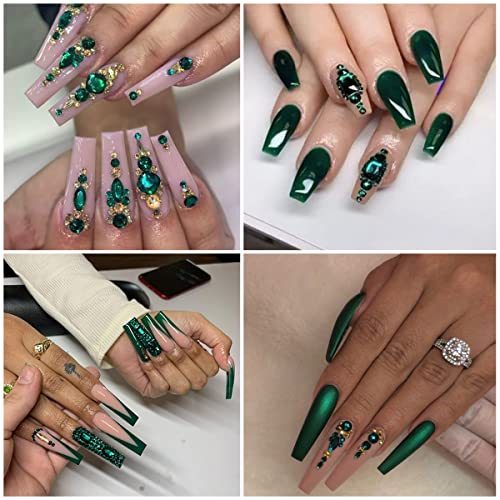 qiipii 4080Pcs Emerald Green Nail Rhinestones K9 Glass Crystal Flat Back Rhinestones Nail Charms Stones Multi Shapes Big Gems Round Beads Nail Art Diamonds jewels for Nails Face Eyes Makeup Crafts DIY - color: Emerald Green, size: A Set