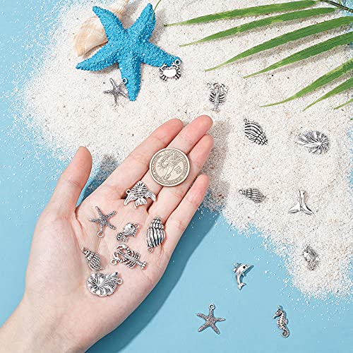 PH PandaHall 90pcs 15 Style Ocean Fish Charms Tibetan Seashell Marine Pendants Antique Silver Animal Sea Creatures Charms Pendants for Wakiki Hawaii DIY Bracelet Necklace Keychain Jewelry Making - color: 15 Styles Sea Creatures - 90pcs