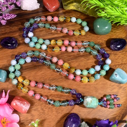 108 Mala Beads Genuine Semi-Precious Gemstone Hand Knotted 8MM Prayer Beads Long Multicolor Necklace 40 Inches - style: dreamy
