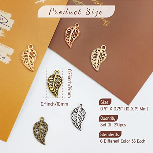 JIALEEY 210PCS Hollow Filigree Leaves Charms Pendants Craft Supplies for Necklace Bracelet Jewelry Making, Mixed 6 Color