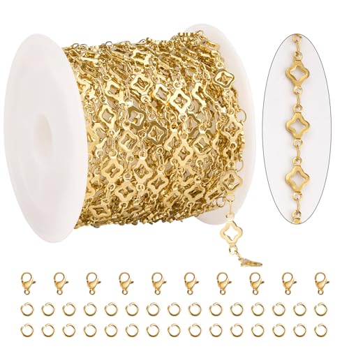 KYUNHOO 4 Meters Hollow Clover Leaf Jewelry Chain Roll Gold Plated Stainless Steel Chains for Jewelry Making with Lobster Clasps and Jump Rings for Necklace DIY - color: Leaf Clover Gold