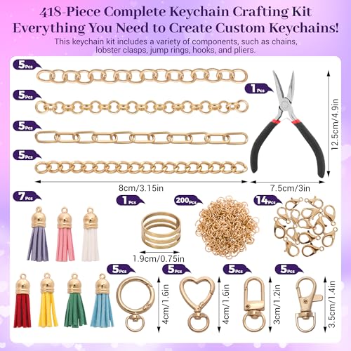 Koruhi 418pcs Charms Lip Gloss Keychain Making Kit,Cute Gold DIY Keychain Supplies Including Organizer Box,Pliers, Tassels, Enamel Letter Charms,Complete Key Chain Kits for DIY Craft Gifts(418, Gold)