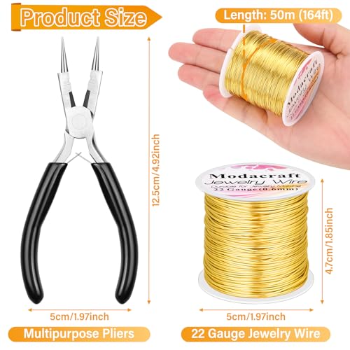 ModaCraft 22 Gauge Tarnish Proof Jewelry Wire Gold (164ft/50m) + 4-in-1 Professional Jewelry Pliers Set | Fade-Resistant Copper Craft Wire for Beading DIY Jewelry Making Supplies Kit - color: Gold, size: 22 Gauge