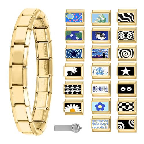 Italian Charms Bracelet Sets with 1Pcs Starter Brascelet 9Pcs Charms 9mm Italian Modular Charm Bracelet DIY Module Jewelry Gifts - color: A-Starter Bracelet Set-20Pcs Gold Black