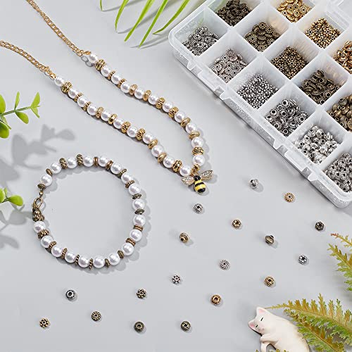 PH PandaHall 900pcs Metal Spacer Beads, 6 Style Tibetan Gear Bicone Flower Beads Alloy Jewelry Loose Beads for Bracelet Necklace Earring Jewelry Making(Antique Silver, Antique Bronze and Golden)