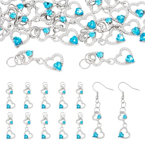 FASHEWELRY 15Pcs Alloy Crystal Rhinestone Heart Charms, Blue Love Heart Glass Dangle Charms Platinum Hollow Pendants for DIY Valentine's Day Necklace Earring Jewelry Making Craft - color: Heart-Blue