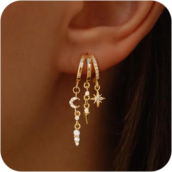 Dangle Earrings For Women,Dainty 14K Gold Plated Hypoallergenic Small Triple Huggie Hoop Earring Gothic Cute Cross Moon Star Drop Earrings For Women Trendy Gold Statement Stud Earring Jewelry