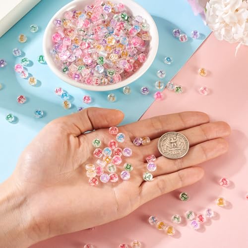 500Pcs Transparent Vowel Letter Acrylic Beads Clear Colorful Flat Round Capital Letter Alphabet Loose Spacer Beads for DIY Bracelet Necklace Keychain Jewelry Making 7x3.5mm - color: Transparent