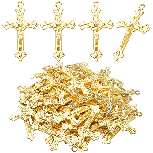 BronaGrand 50pcs Alloy Cross Charms Pendants Jewelry Rosary Cross Charms for DIY Bracelet Necklace Jewelry Making Findings,37×22mm - color: Gold
