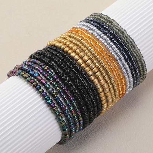 16-30Pcs Handmade Bohemian Colorful Crystal Seed Beads Stackable Adjustable Elastic Stretch Multilayerd Bracelets for Women Summer Vacation Beach Boho Bangle Jewelry - color: black