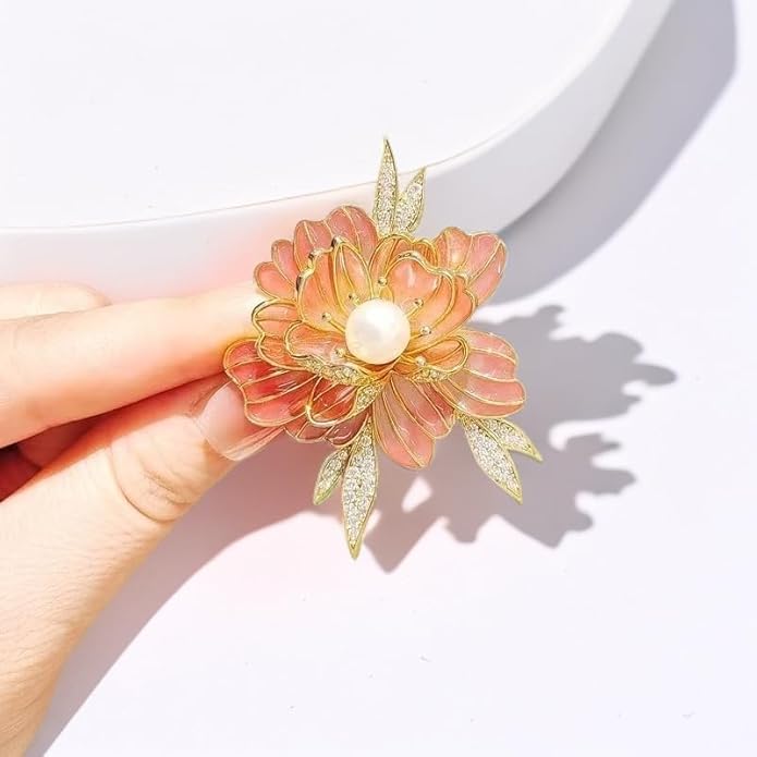 3Pcs Peony Flower Brooch Pin for Women Elegant Enamel Floral Brooch Set Dainty Cubic Zircon Pearl Lapel Pins Flower Pins for Clothes Hat Dress Accessories Prom Jewelry
