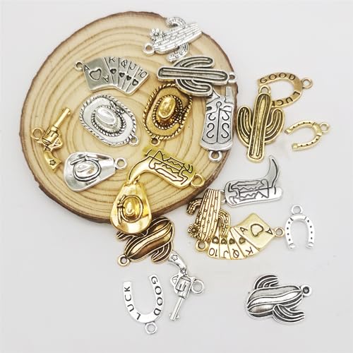 Julie Wang 100 Grams Alloy Western Cowboy Cowgirl Charms Antique Silver Gold Color Boot Hat Pendants for Necklace Earrings Bracelet Jewelry Making Women Gifts Craft DIY Findings - color: Mixed