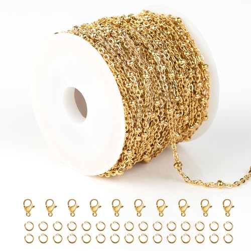 Kyutong 10M Gold Stainless Steel Jewelry Chain in Bulk Beaded Cable Link Chain Roll with Jump Rings and Lobster Clasps for DIY Jewelry Making Supplies - color: Cross Bead Gold