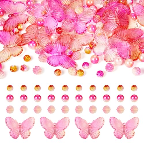 100Pcs Acrylic Butterfly Beads Pink Round Bubblegum Beads Pearl Beads Kawaii Aesthetic Beads Assorted Acrylic Beads for Bracelet Keychain Cellphone Straps Decor 7-10mm - color: Pink