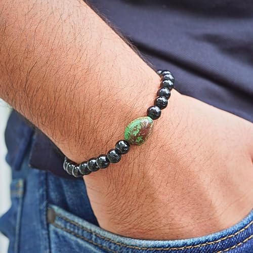 Black Obisidian Bracelets for Men 8" Inch Full Stretch Healing Crystal Bracelet, Beaded Charm Bracelet for Men Gifts Fathers Day Anniversary Birthday Gifts for Him - color: Chrysoprase & Black Obsidian Charm Bracelets
