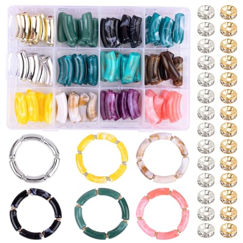 RP Remarkable Power, 133 Pack Acrylic Chunky Tube Beads Bamboo Tube Bead Curved Noodle Beads with Elastic Strings for DIY Bracelet Jewelry Making