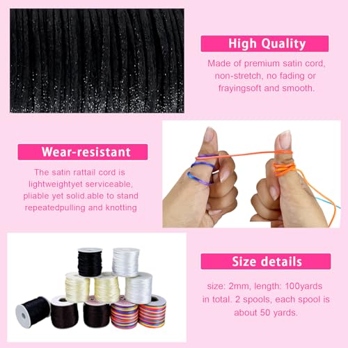 100 Yards Nylon Satin Cord, Rattail Silk Trim Beading Thread for Chinese Knotting, Kumihimo, Beading, Macramé, Jewelry Making, Sewing, DIY (20 Black)