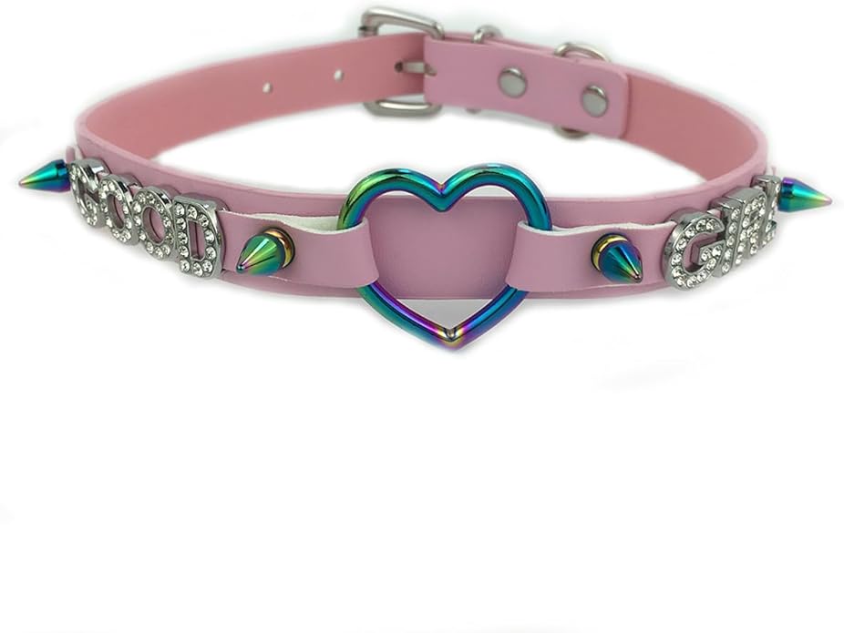 Succuba Handmade Heart Ring Rhinestone Letter Pu Leather Choker Collar Necklace for Women and Men