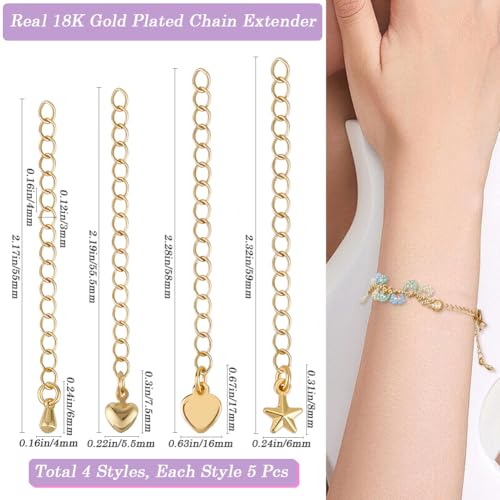 Beebeecraft 1 Box 20Pcs 4Styles Golden Necklace Extenders 18K Gold Plated Star Heart Chain Extenders for Jewelry Making Charm Ends Tail Extension Curb Chain Necklaces Bracelets DIY Crafts Supplies - color: Gold-mix