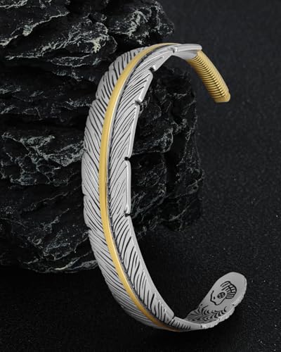 Stainless Steel Cuff Bracelet,Retro Gothic Punk Biker Cool Open Adjustable Cuff Bangle Bracelets Jewelry for Men Silver - style: Wide Feather