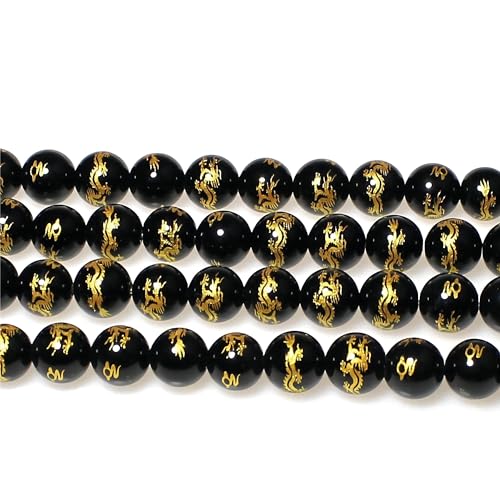 MJDCB Natural Stone Beads 10mm 35pcs Round Black Onyx Carved Dragon Loose Gemstone Bead Charms for Jewelry Making Bracelet Necklace Earring Pendant - color: Black Onyx Carved Dragon, size: 10mm