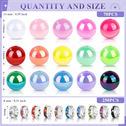 HUISUYTON 320 PCS Beads for Pens, 14 mm Focal Beads & 8 mm Rhinestone Spacers Bead, Fit for Beadable Pens Bracelets Keychains Jewelry Making, Rainbow Acrylic Bead, Christmas Gifts - color: 320 PCS 14mm Bubblegum Beads Set
