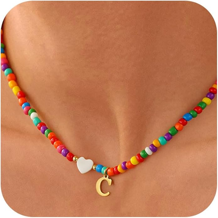 Valentines Day Gifts for Kids Women Girls - Colorful Beaded Initial Necklace Teen Girls Trendy Stuff Dainty Letter A-Z Choker Necklace Valentines Day Gifts for Her Mom Jewelry