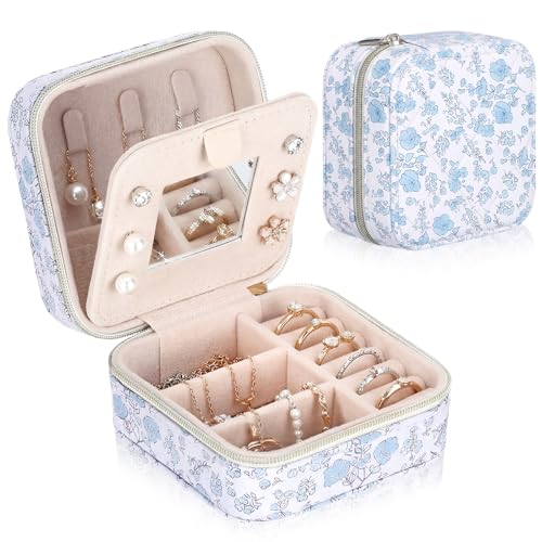 Blue Floral Travel Jewelry Case Quilted Small Jewelry Organizers and Storage Box Gifts with Mirror for Women Girls to Organize Rings, Necklaces Earrings Bracelet Little Accessories Holder
