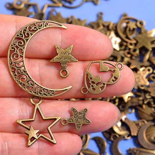 stino 100 Gram Metal Charms for Jewelry Making, Silver & Gold Plated, Bulk Pack for Bracelets, Necklaces, Crafts - color: Celestial Bronze