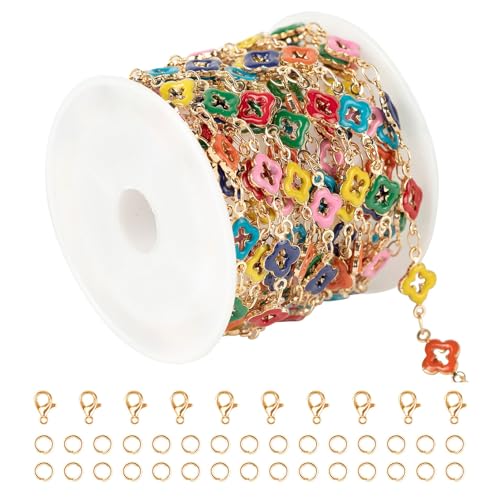KYUNHOO 3M Emanel Clover Jewelry Making Chains Gold Plated Brass Chain Roll Multicolored Oil Drip Flower Necklace Chain Bulk Jewelry Findings - color: Colorful Clover