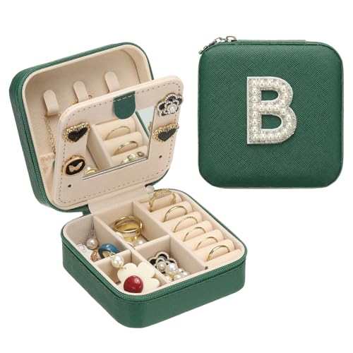 PATIKIL Travel Jewelry Case,B Initial Small Travel Jewelry Box Organizer Rings Earrings Storage Case Personalized Gifts for Women Girls Birthday Christmas Bridesmaid Gifts,Dark Green - style: B