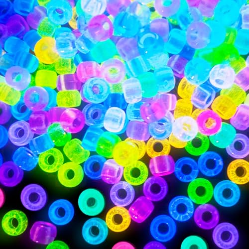 Glow in The Dark Pony Beads for Bracelets, 1000+pcs 6x9mm Rave Kandi Acrylic Beads Neon Luminous Colored Charms Hair Bead for Braids Girls Halloween Jewelry Making Crafts Party Supplies - color: Glow in The Dark 1000pcs