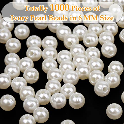 anezus Pearl Beads for Craft, 1000pcs Ivory Faux Fake Pearls, 6 mm Small Sew on Pearl Beads with Holes for Jewelry Making, Bracelets, Necklaces, Hairs, Crafts, Decoration and Vase Filler - size: 6 Mm
