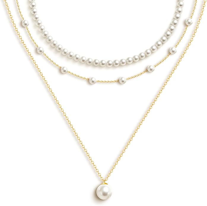 Zeffy Gold Pearl Necklace for Women, Dainty 14K Gold/Silve Plated Layered Pearl Choker Pearl Earrings Pearl Bracelets Wedding Trendy Gold Jewelry Set for Women Gifts
