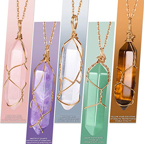 Yaomiao 5 Pieces Crystal Necklaces, Healing Stones Spiritual Pendant Natural Gemstone Jewelry with Adjustable Chain for Women Girls - color: Vivid Color with Gold Chain