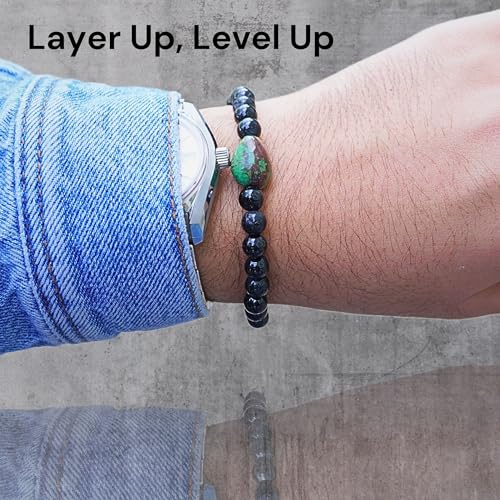 Black Obisidian Bracelets for Men 8" Inch Full Stretch Healing Crystal Bracelet, Beaded Charm Bracelet for Men Gifts Fathers Day Anniversary Birthday Gifts for Him - color: Chrysoprase & Black Obsidian Charm Bracelets