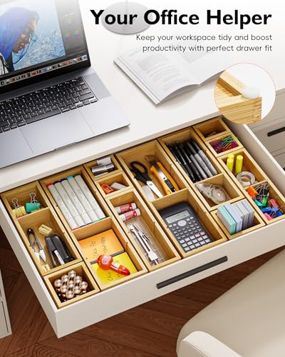 12-Piece Bamboo Desk Drawer Organizer Set – Adjustable Storage Boxes with 24 Compartments, Non-Slip, Modular Design for Office, Jewelry, Vanity, and Kitchen Utensil Drawer Storage - size: 24 Compartments