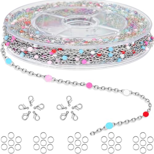 Stainless Steel Enamel Chain for Jewelry Making, Oil Drip Rainbow Jewelry Chains for DIY Necklace Bracelet Craft Jewelry Making Supplies with Stainless Steel Jump Rings Lobster Clasps Connectors - color: Mixed Style Silver