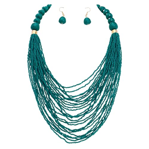 Bocar Necklace for Women, Multi Layer Statement Necklace, Long Chain Chunky Bib Seed Beads Necklace, Necklace Earring Set for Women Gift (NK-10693) - color: Teal-set