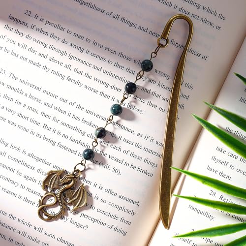 Vintage Witch Brass Metal Copper Bookmark with Dragon and Bead Chain Pendant–Wicked,Handmade Sodalite Bookmarks for Reading Women,Men,Book Lovers,Girls,Teens,Teachers and Students - style: Dragon