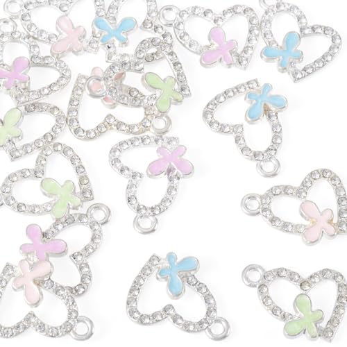 FASHEWELRY 16Pcs Alloy Rhinestone Pendants Heart with Butterfly Enamel Charms Crystal Hollow Heart Rhinestone Dangle Pendants Silver for DIY Earring Necklace Jewelry Making - color: Heart with Butterfly-Silver