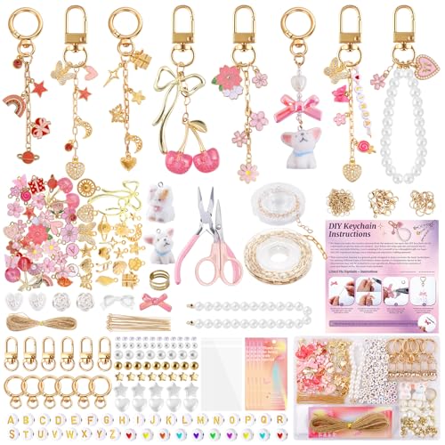 Wurosi 680 Pcs Keychain Making Kits, Pink DIY Bag Charm Kit, 78.74 Inch Chains, Key Chain Hooks, Jump Rings, Lobster Clasps, 225 Charms & Letter, Tools, Great for a Custom Gift, Party, or Family Activ - color: 680PCS Keychain Making Kit