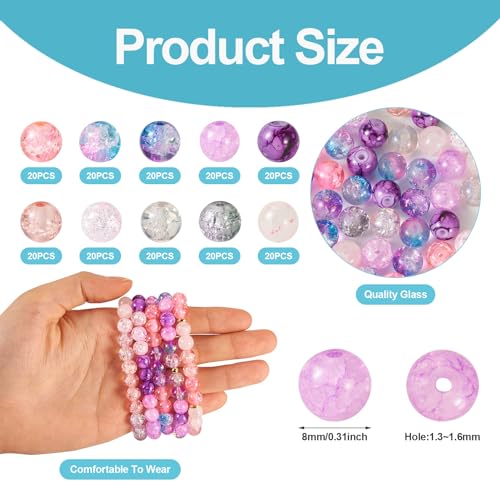 Glass Beads for Bracelet Cheriswelry 200Pcs Round Crystal Glass Crackle Beads 8-9mm for Keychain Earring Necklace Jewelry Making Supplies - color: Purple