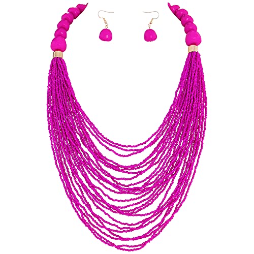 Bocar Necklace for Women, Multi Layer Statement Necklace, Long Chain Chunky Bib Seed Beads Necklace, Necklace Earring Set for Women Gift (NK-10693) - color: Rose red