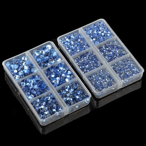 10000Pcs 2-Boxes Mixed Size Hot Fix Round Crystals Gems Glass Stones Hotfix Flat Back Rhinestones with Tweezers and Picking Pencil (Light Blue) - color: Light Blue, size: 2-Box (10000pcs)