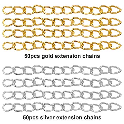 100pcs 50mm x 4mm Extender Chains Tail Chain Removable Extension Chain for DIY Jewelry Making Necklace Bracelet Anklet Key Chain(Gold & Silver)