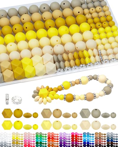 FIVEIZERO 172PCS Silicone Beads for Keychain Making, 6 Yellow Shades | 4 Assorted Shapes, Includes Rhinestone Spacers, Premium Silicone, Easy to Clean, Durable and Flexible - color: yellow