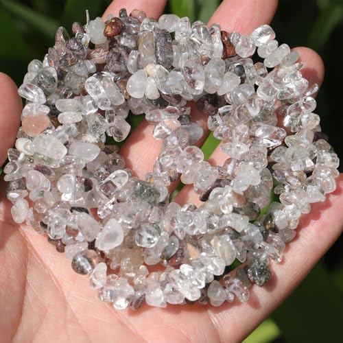 400pcs Natural Chip Stone Beads for Jewelry Making Green Ghost Quartz 5-8mm Irregular Gemstones Healing Crystal Loose Rocks Bead Hole Drilled for Ring Earrings Necklace Bracelet Making DIY Art Crafts - color: Green Ghost(2 Strands-62")