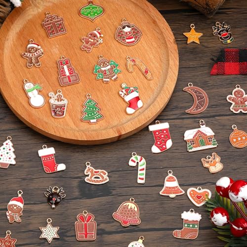 SANNIX 110Pcs/55 Pairs Christmas Charms, Gingerbread Man Charm Holiday Gold Enamel Pendants for DIY Bracelet, Necklaces, Earrings Craft Supplies - style: Gingerbread Charms